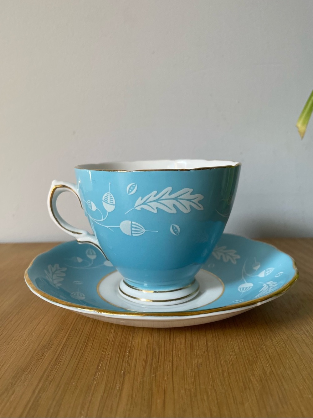 Vintage MCM Colclough Blue Acorn Bone China Teacup & Saucer Duo Made in England